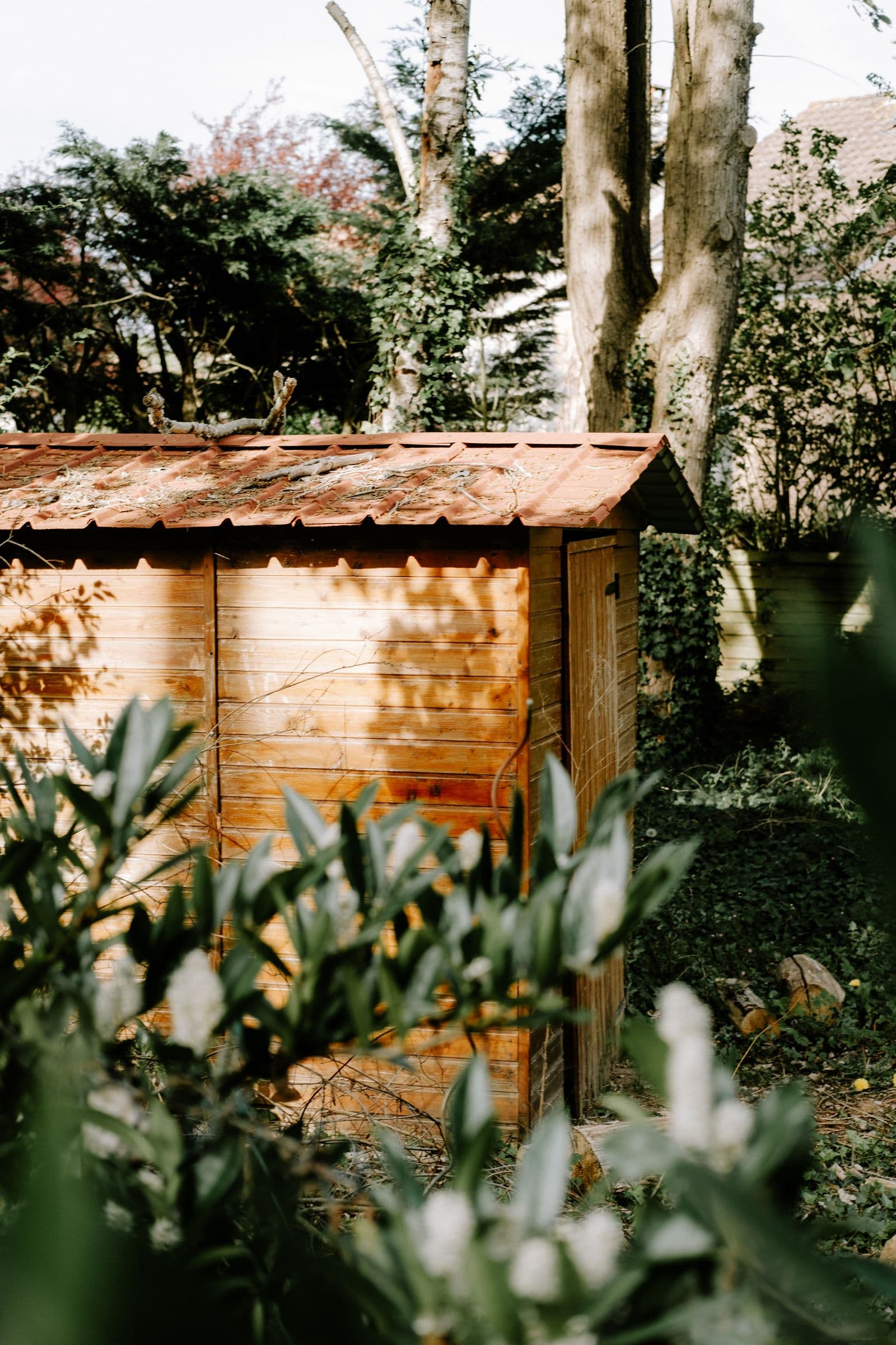 Houten tuinhuis met schuine kap tussen het groen in een tuin